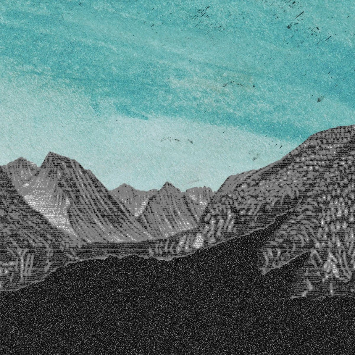 A stylized illustration of a mountain landscape with black mountains in the foreground and jagged mountain peaks in the background, under a teal sky.