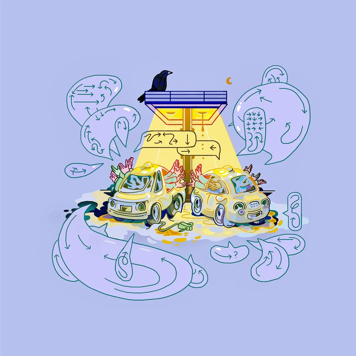 A digital illustration of two cars with cartoonish features, surrounded by scribbles and arrows, under a streetlight, with a raven perched on the pole, and a small mouse on the ground. The scene includes various traffic and abstract illustrations in a colorful, whimsical style.
