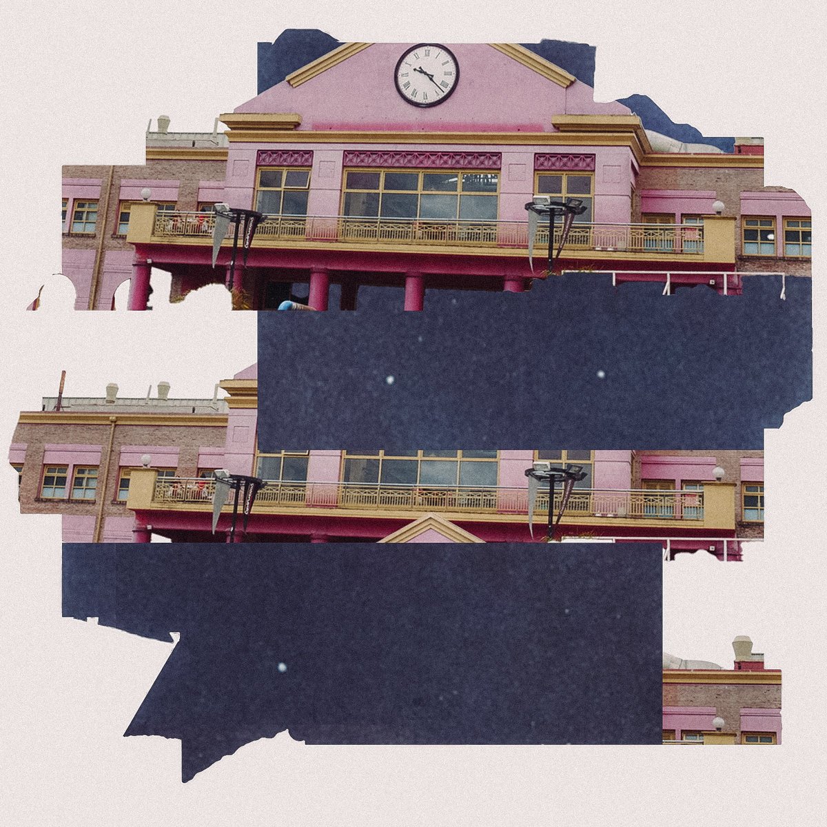 A collage of three overlapping images of a pink and yellow building with a clock, balconies, and outdoor lamps, with dark blue areas covering parts of the images.
