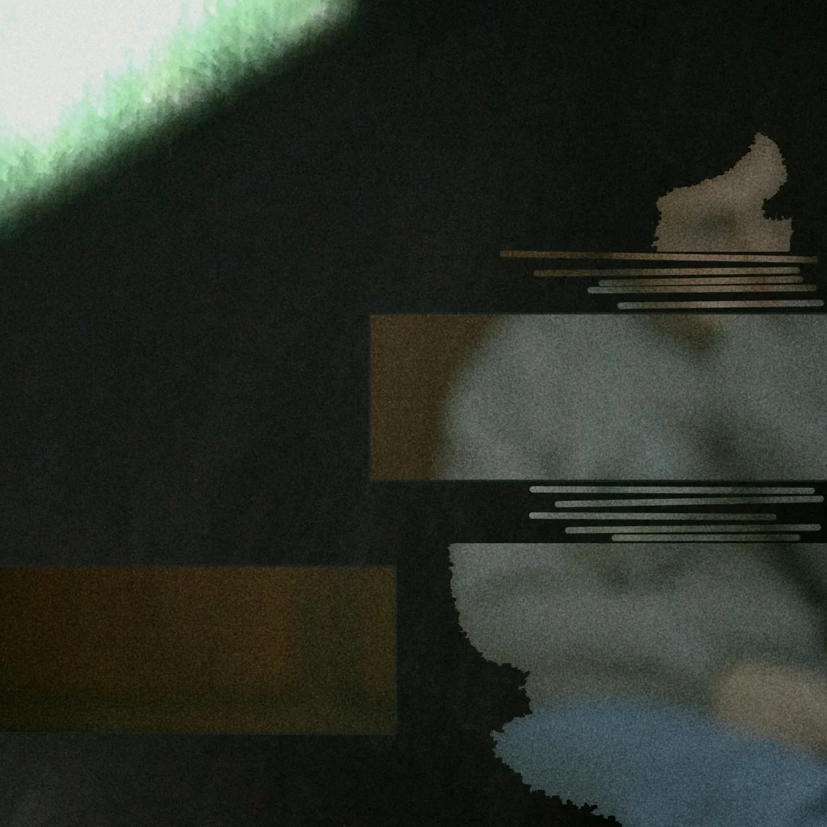 Abstract digital artwork with dark background, green and blue highlights, and layered geometric shapes.