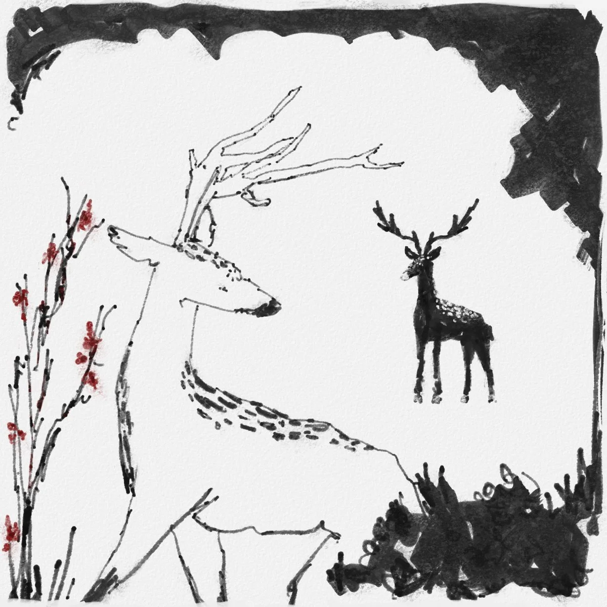 Sketch of two deer, one larger with antlers and a smaller one, surrounded by foliage with red berries, in a natural landscape.