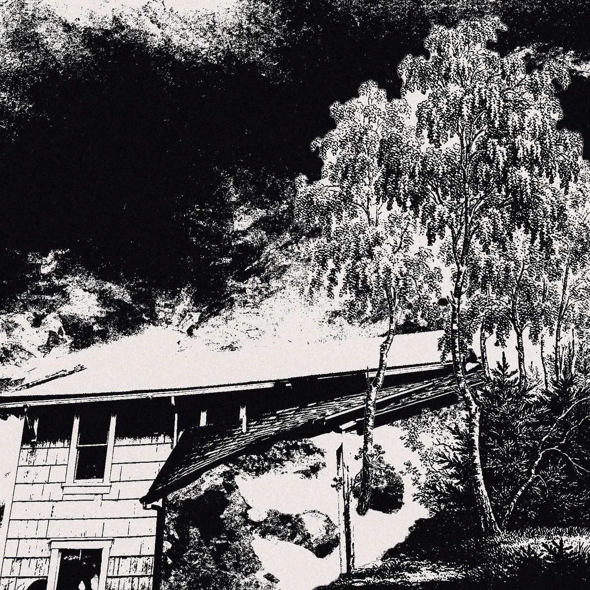 Black and white drawing of a house next to trees with a mountain in the background.
