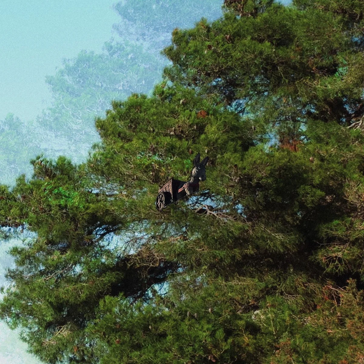 A cart with a donkey's head and body is floating in the sky among tall green trees.
