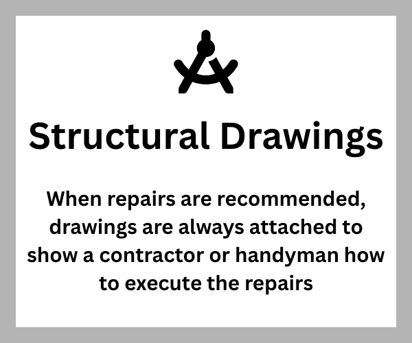 Sign explaining that structural drawings are used to show contractors or handymen how to execute repairs, with a symbol of a compass and straightedge at the top.