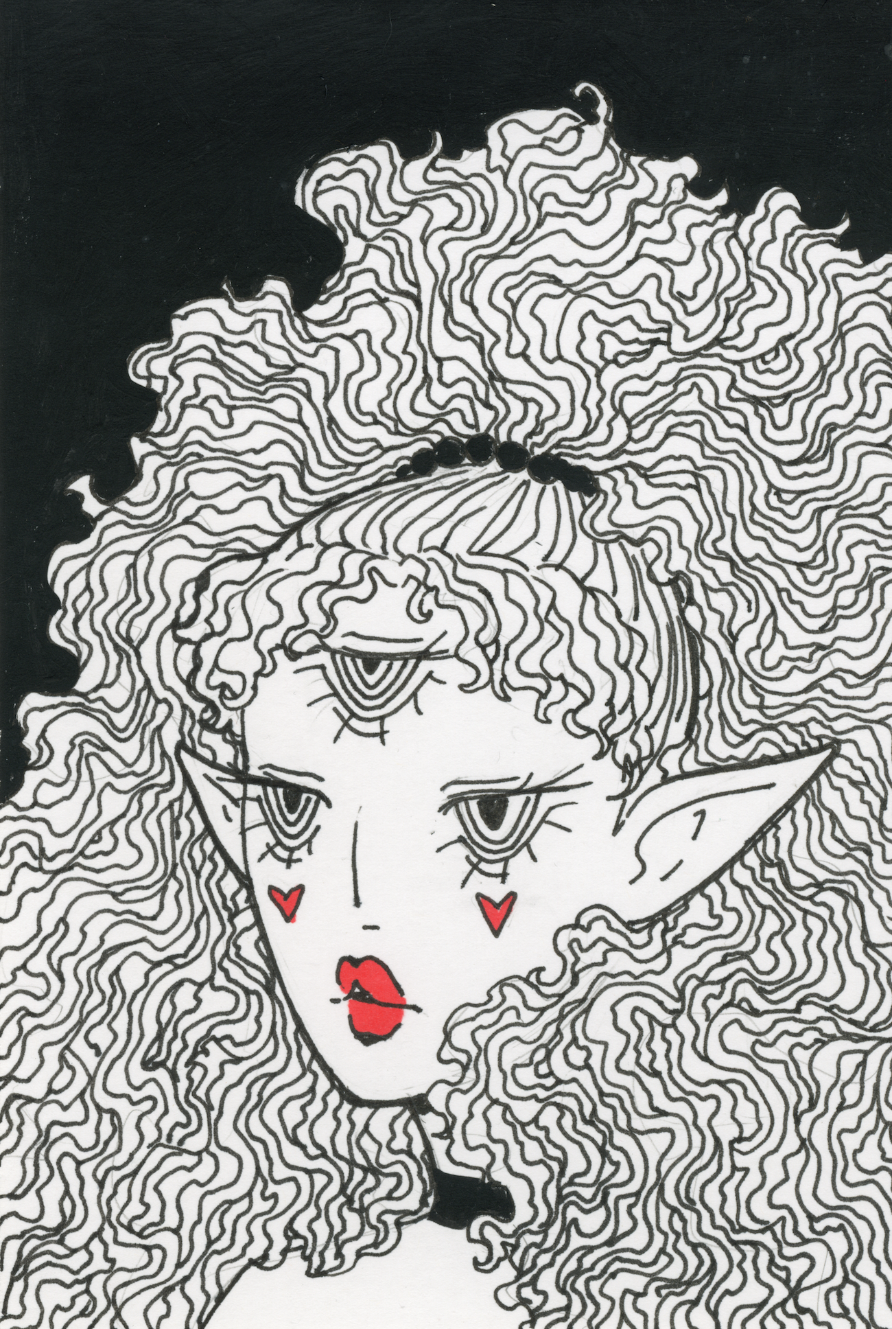 Black and white drawing of a female character with pointy elf-like ears, curly hair, multiple eyes, and lips with red lipstick and chin heart symbols.