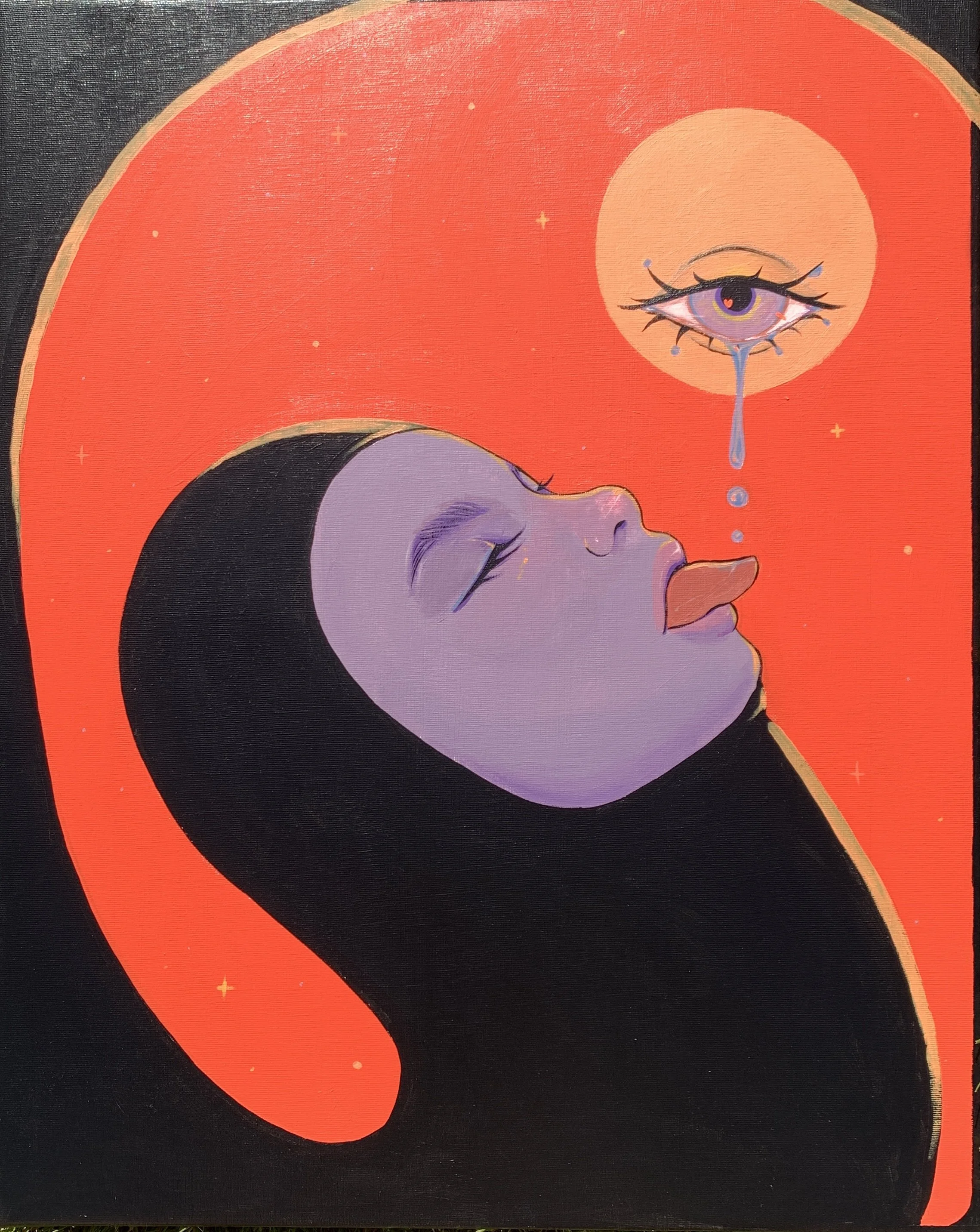 A UV-reactive painting of a human worm tasting the tears of a divine, one-eyed celestial being on an orange background.