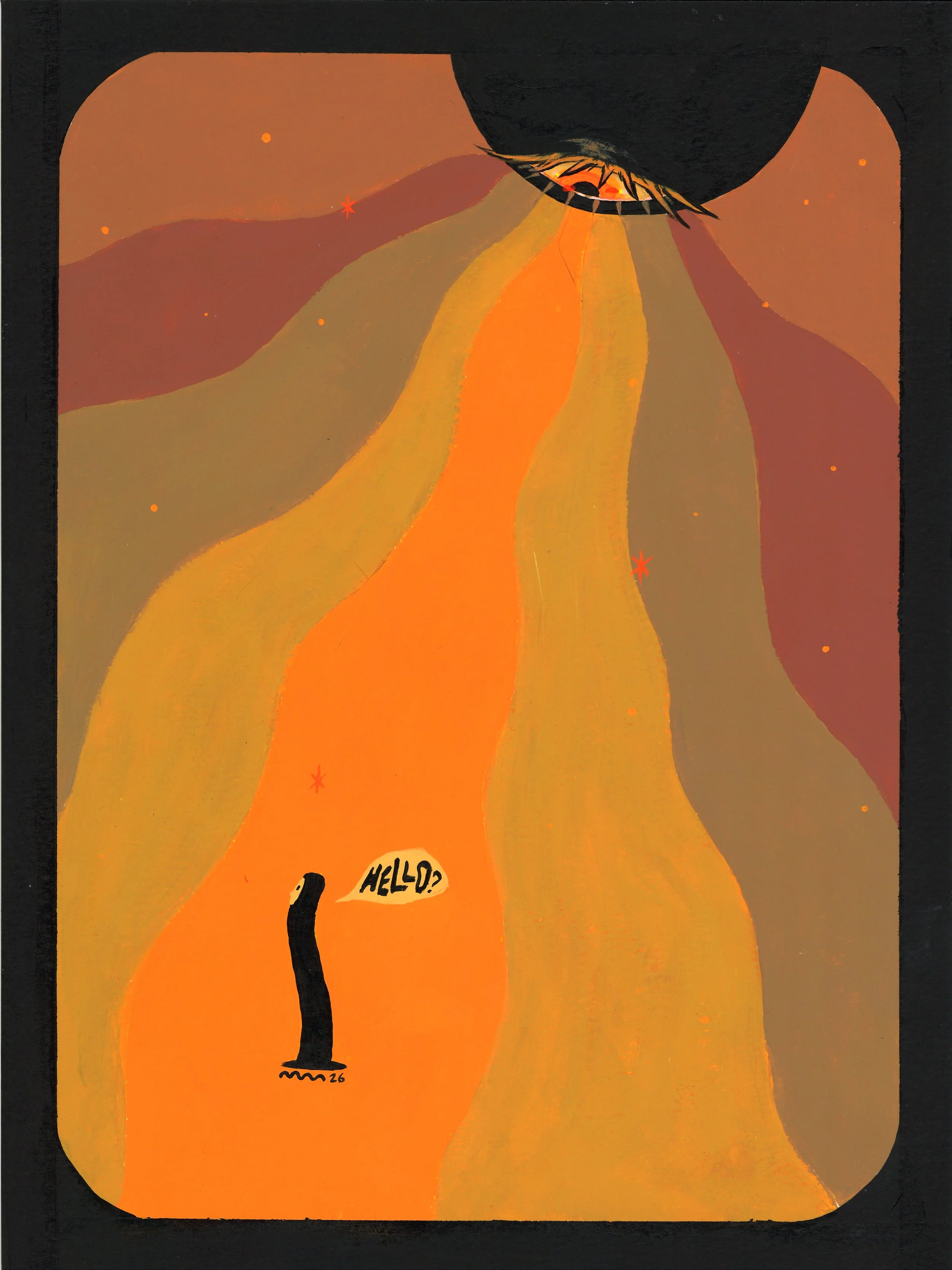 The painting "i can't be the only one asking this" by Rae Hofstedt, the artist behind glowwormm. A worm rises out of its wormhole, calling out "Hello?" while the All-Seeing Eye gazes down on it.