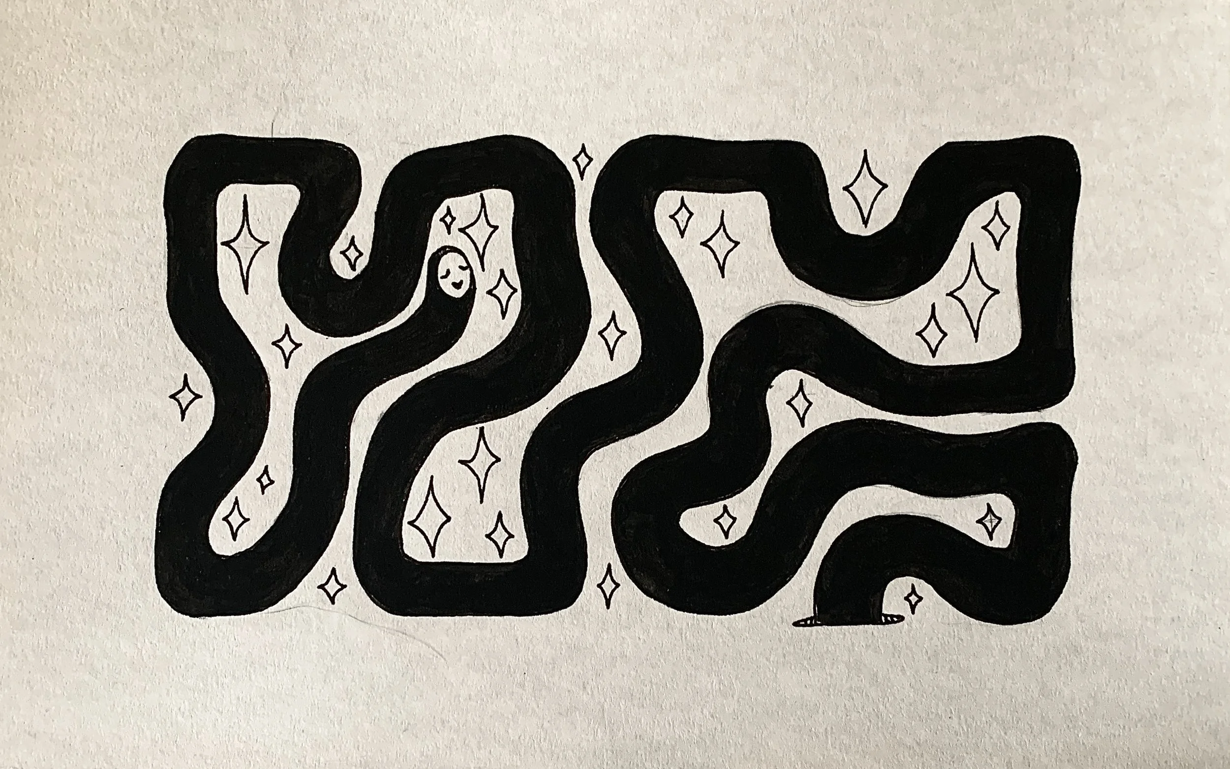 A happy little worm makes its own celestial maze in black ink on a parchment background.
