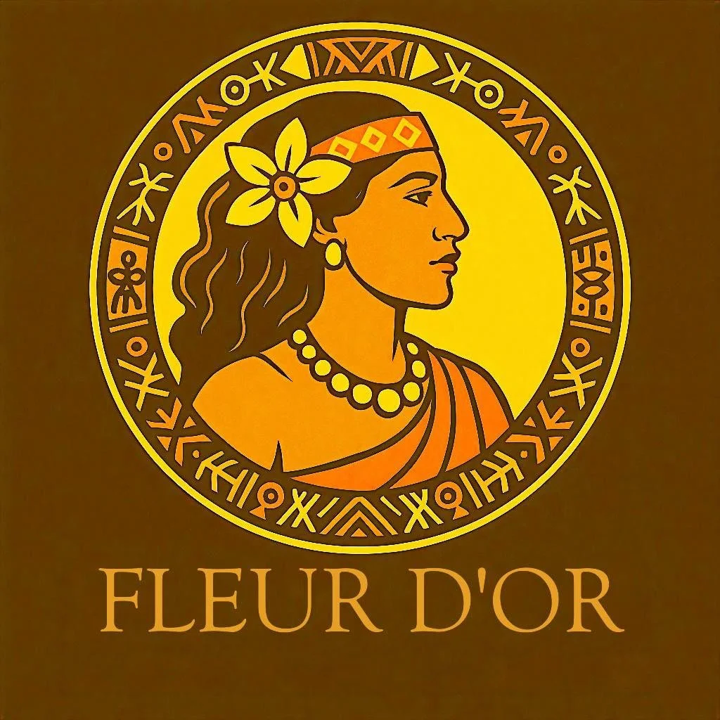 Logo avec un portrait d'une femme en profil portant un collier de perles, un bandeau et une grande fleur dans les cheveux, entouré de symboles stylisés, et le texte "FLEUR D'OR" en dessous.