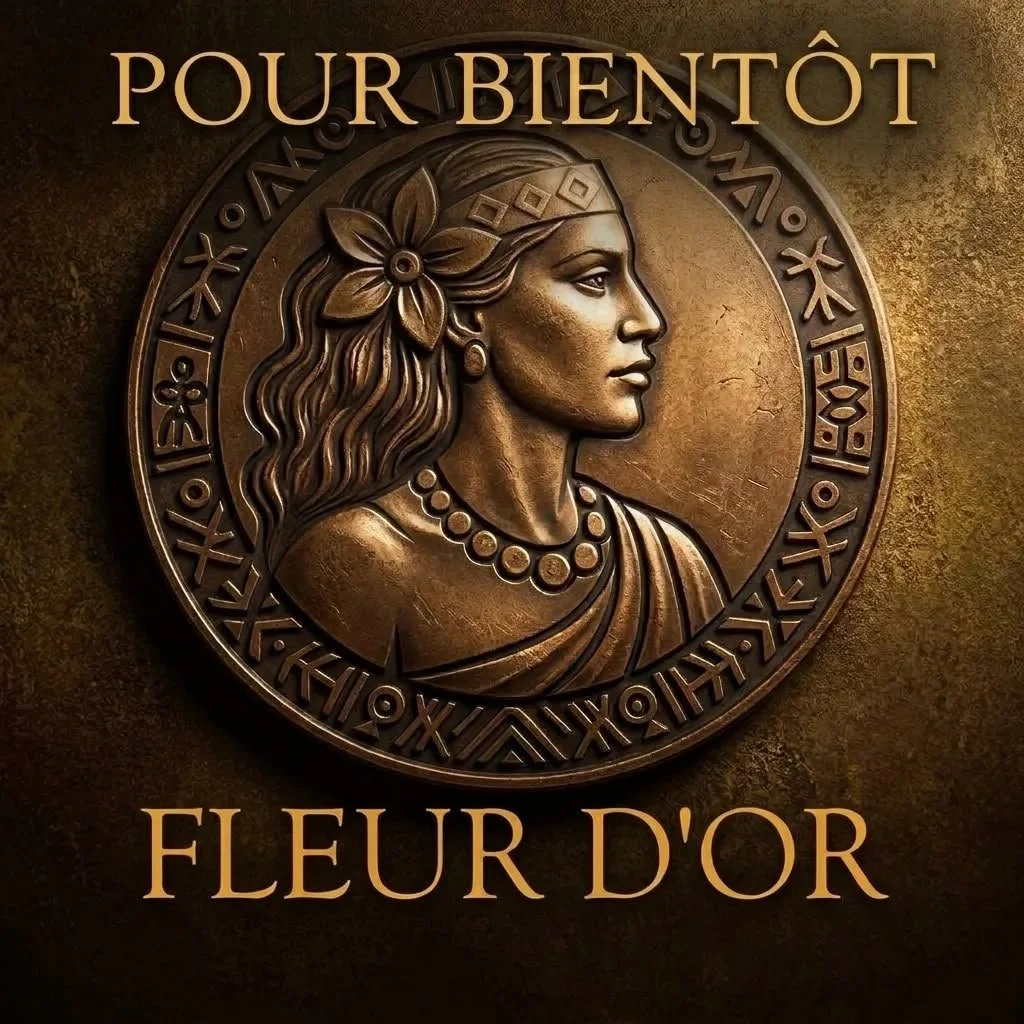 Une pièce en bronze représentant une femme avec des fleurs dans les cheveux, entourée de symboles runiques, avec le texte "POUR BIENTÔT" en haut et "FLEUR D'OR" en bas.
