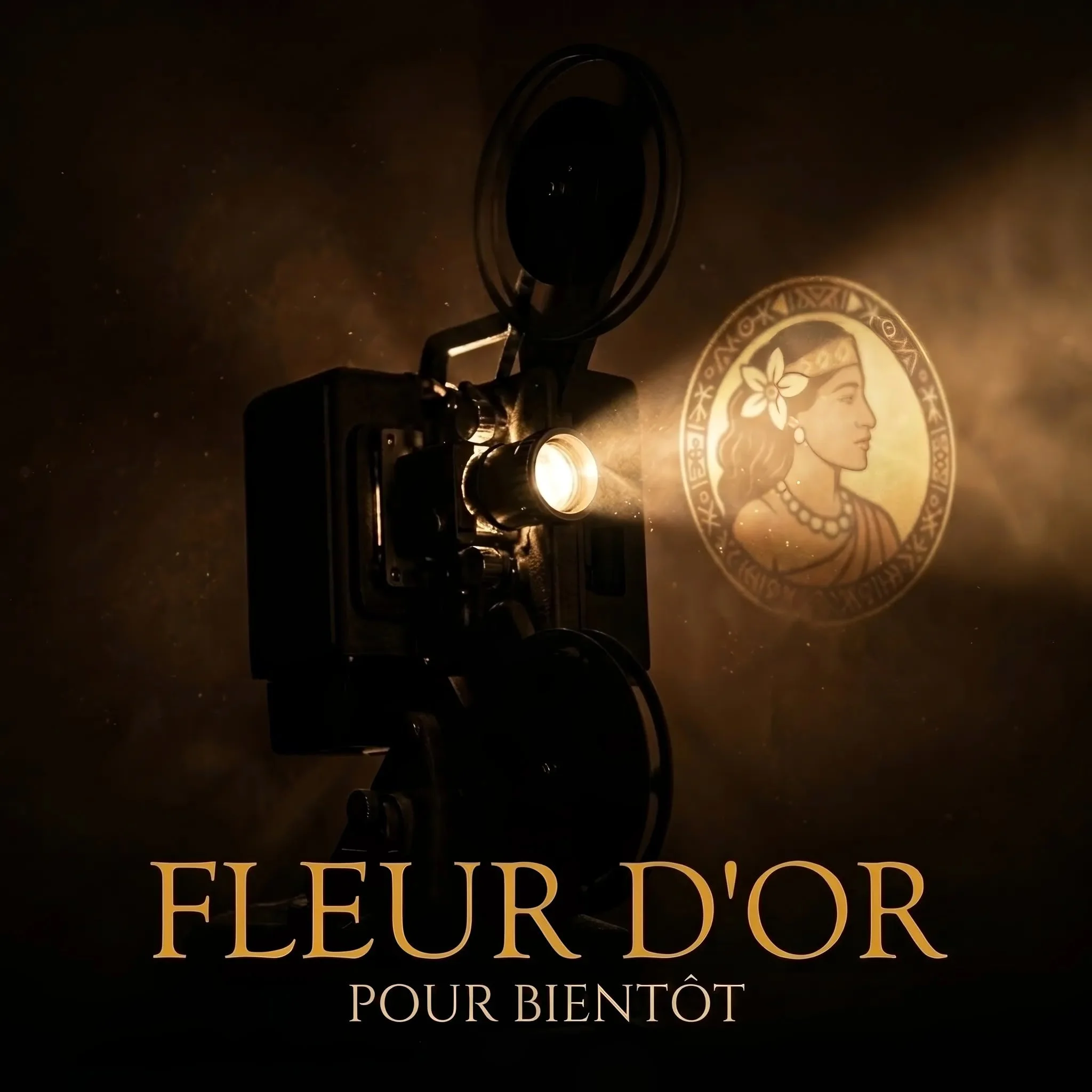 Une image sombre montrant une rose en relief avec des lettres en doré indiquant "FLEUR D'OR" et la phrase "POUR BIENTÔT" en dessous.