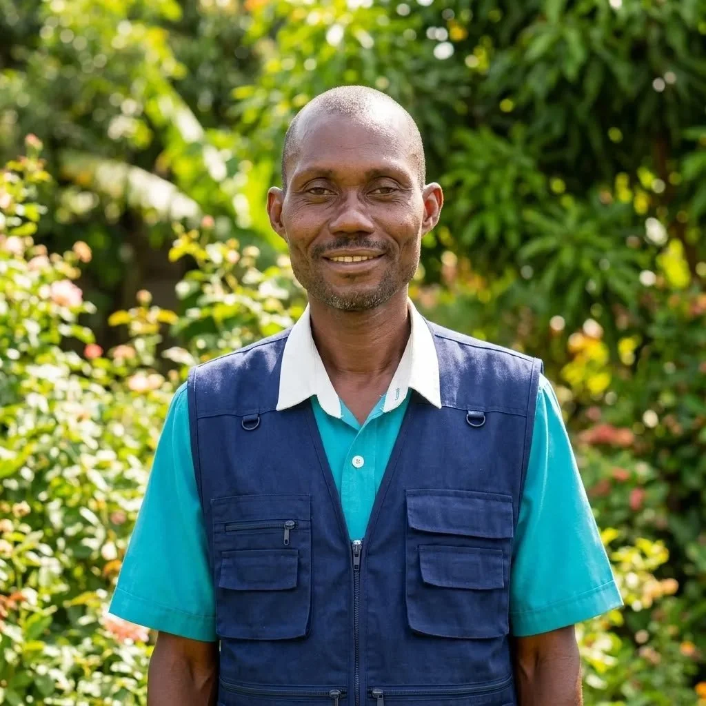 Homme souriant portant une veste zippée bleue et une chemise blanche, debout dans un jardin avec des arbustes verts et des fleurs
