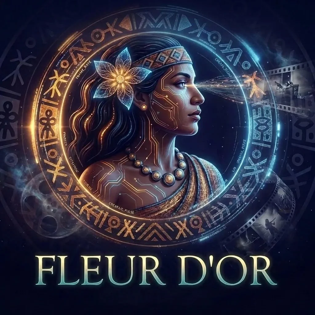 Une femme avec des éléments ethniques et cybernétiques, entoure de symboles runiques et un cercle lumineux, avec une fleur lumineuse dans ses cheveux, et le texte 'Fleur d'Or' en bas.
