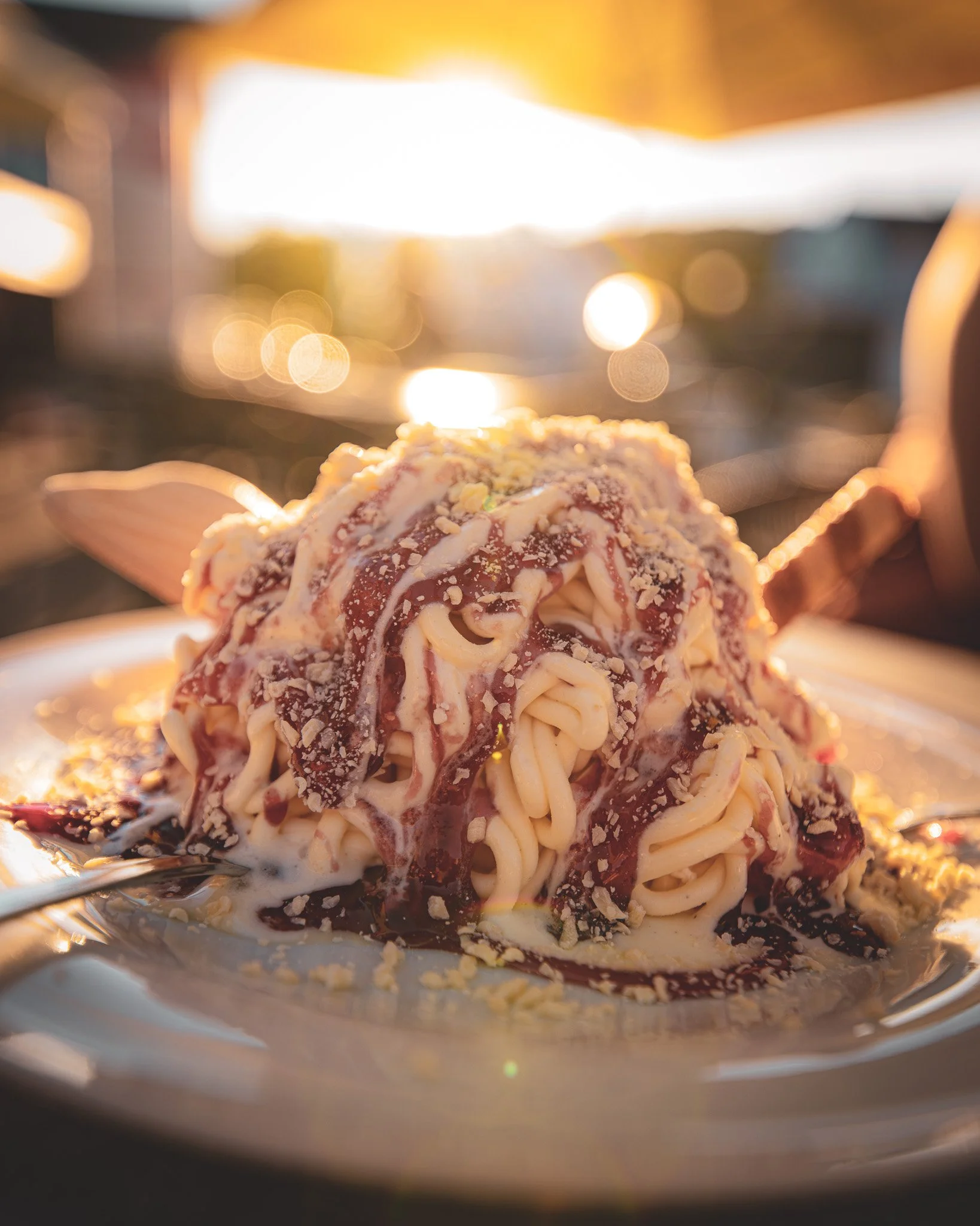Schüssel mit Pasta und Soße, umgeben von einer cremigen Soße und Käse, im Sonnenlicht