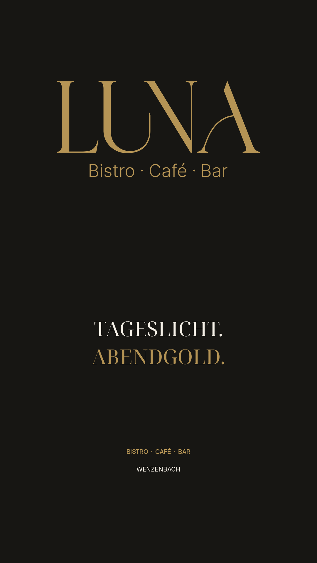 Schwarze Speisekarten mit goldener und weißer Schrift für Bistro, Café und Bar, Anzeige von Tagesangeboten wie 'TAGESLICHT' und 'ABENDGOLD', Standort in Wenzenbach.