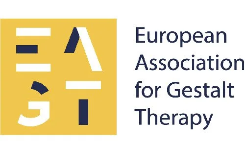 Logo of the European Association for Gestalt Therapy, with abstract symbol in yellow and dark blue next to the organization name.