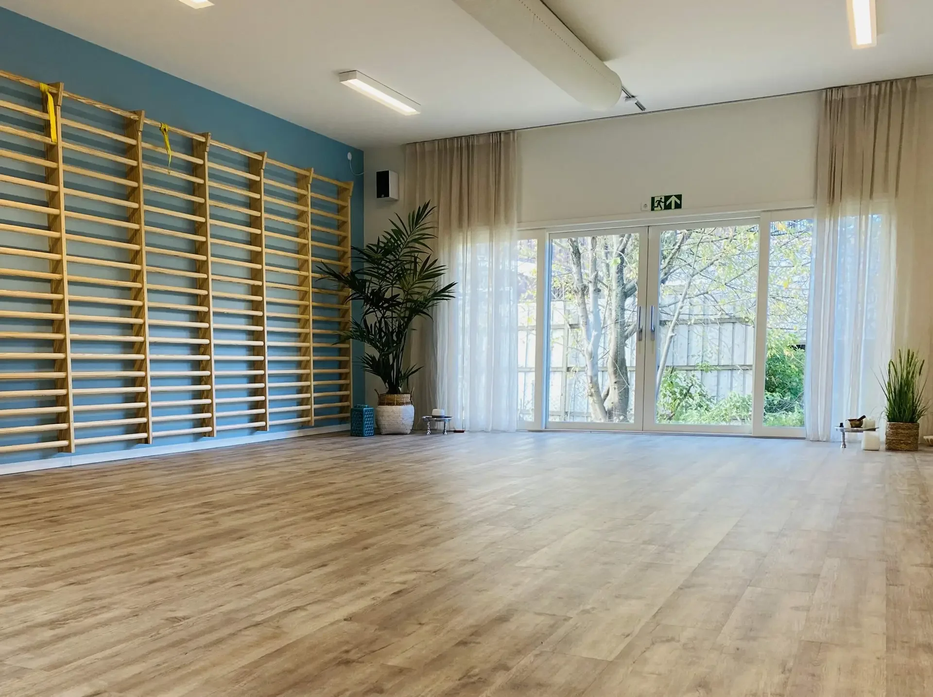 An indoor space with large sliding glass doors showing trees outside. The room has a wooden floor, sheer curtains, and potted plants. There is a wooden wall-mounted exercise ladder and ceiling-mounted lights.