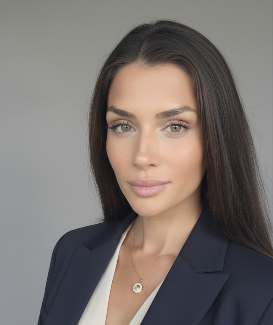 A professional woman with long dark brown hair, wearing a navy blazer and a white blouse, with a gold necklace, looking confidently at the camera against a plain gray background.