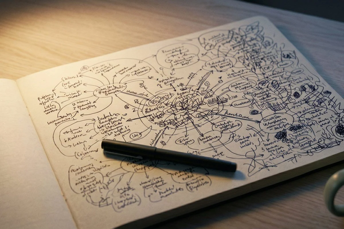 A notebook with a detailed, handwritten mind map or diagram filled with notes and interconnected ideas. A black pen rests on the notebook on a wooden surface.