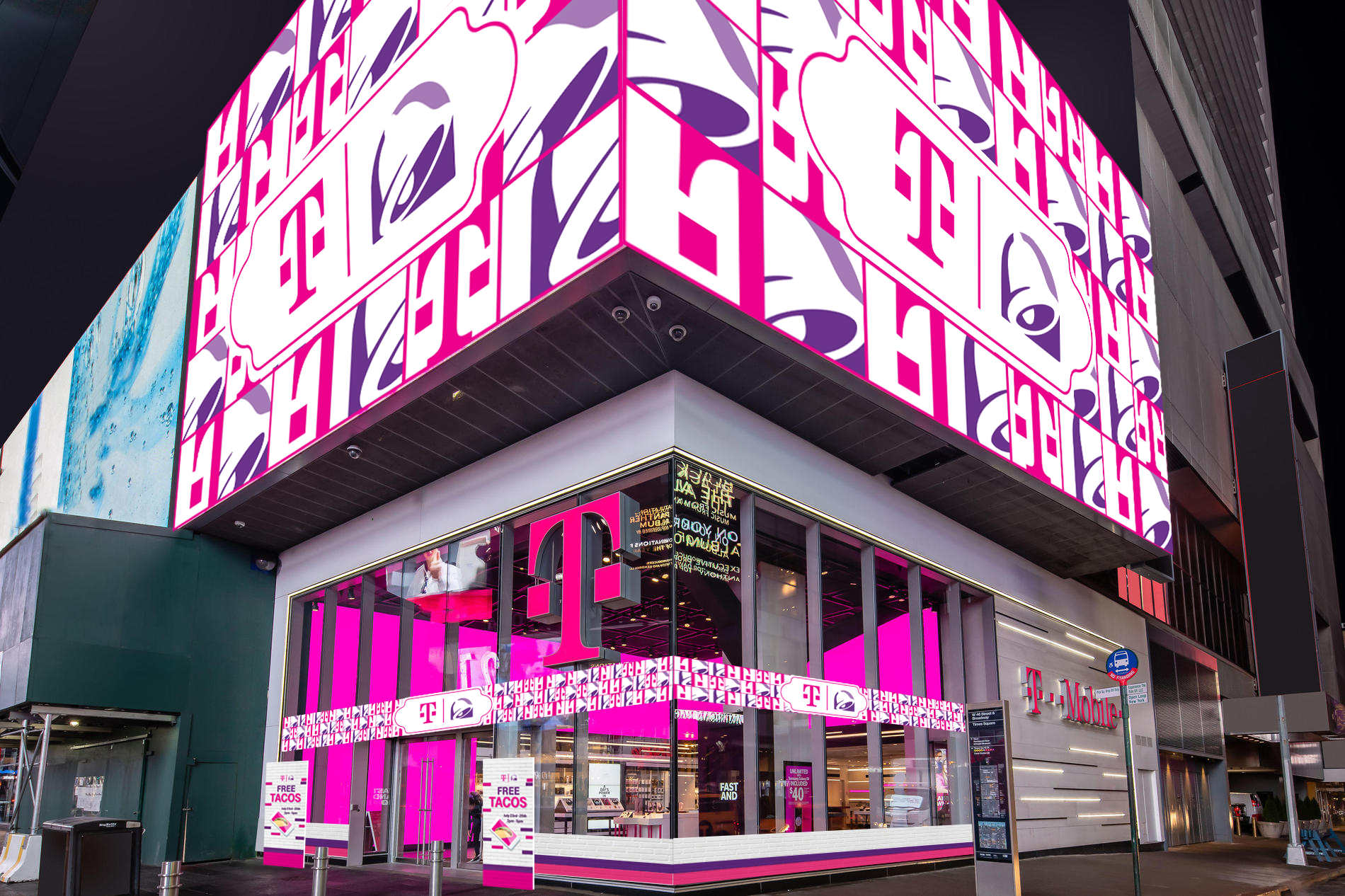 Night time exterior view of a T-Mobile store with bright pink and purple digital signage and advertising, glass storefront, and a T-Mobile logo near the entrance.