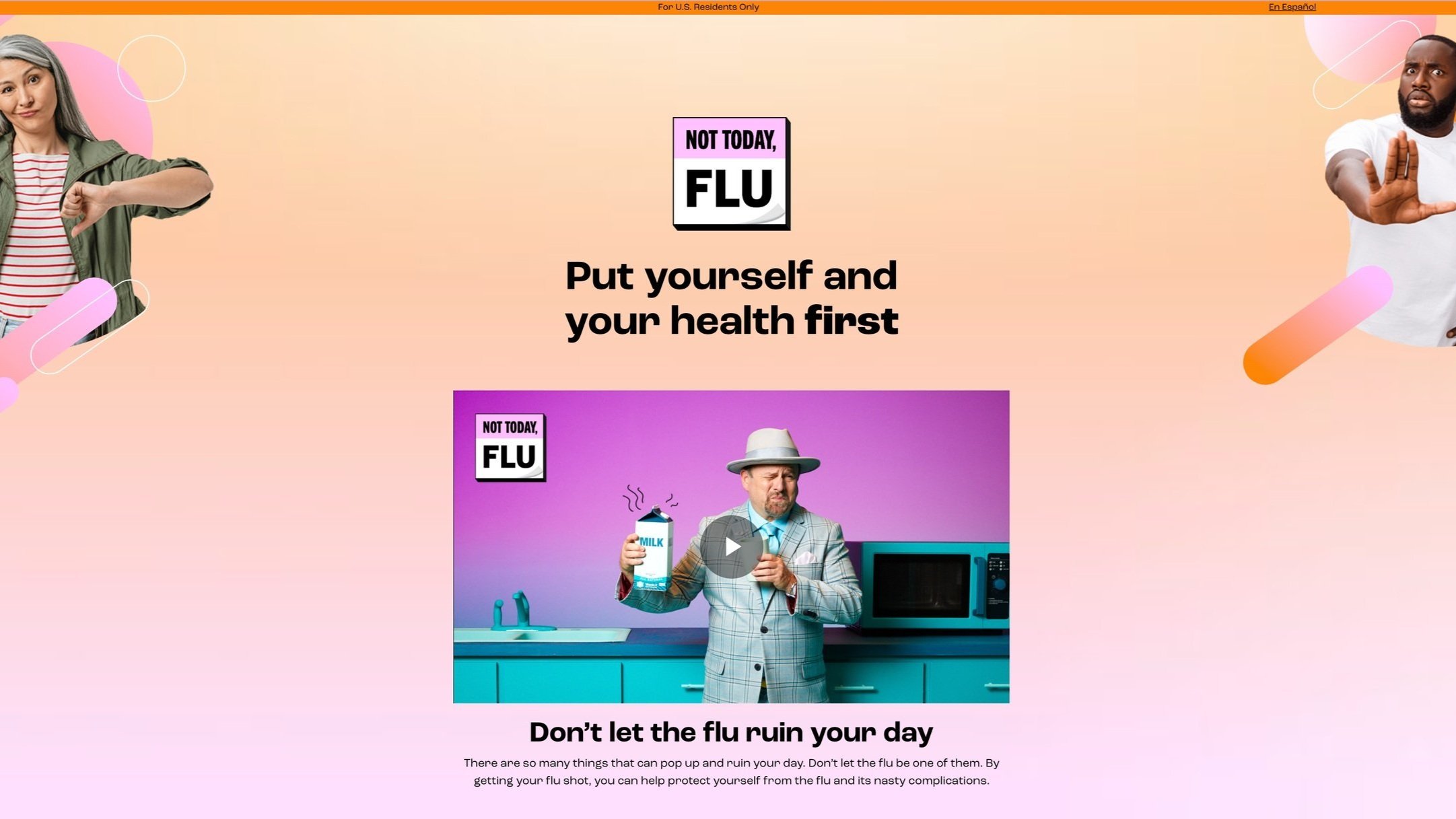 A woman on the left side giving a thumbs down and a man on the right side holding a milk carton and making a grimace, with a pink and purple themed background promoting flu prevention.