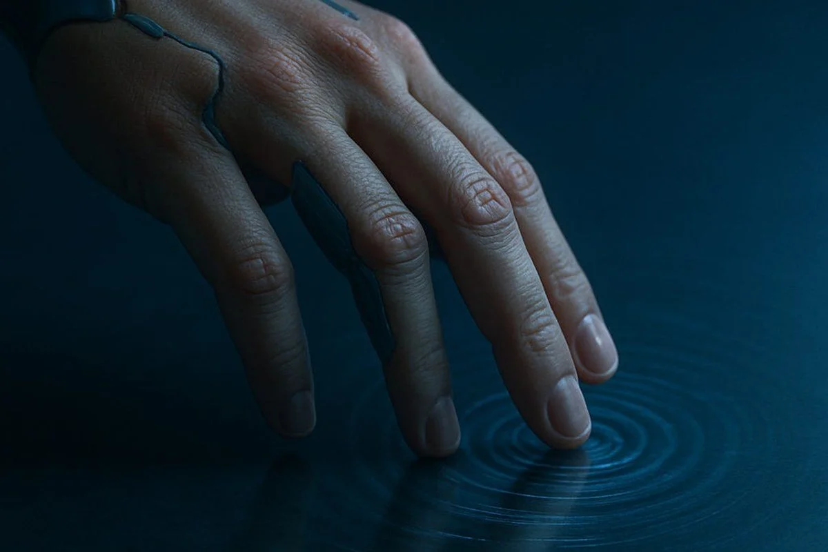 A person's hand gently touching the surface of a dark liquid, creating ripples.