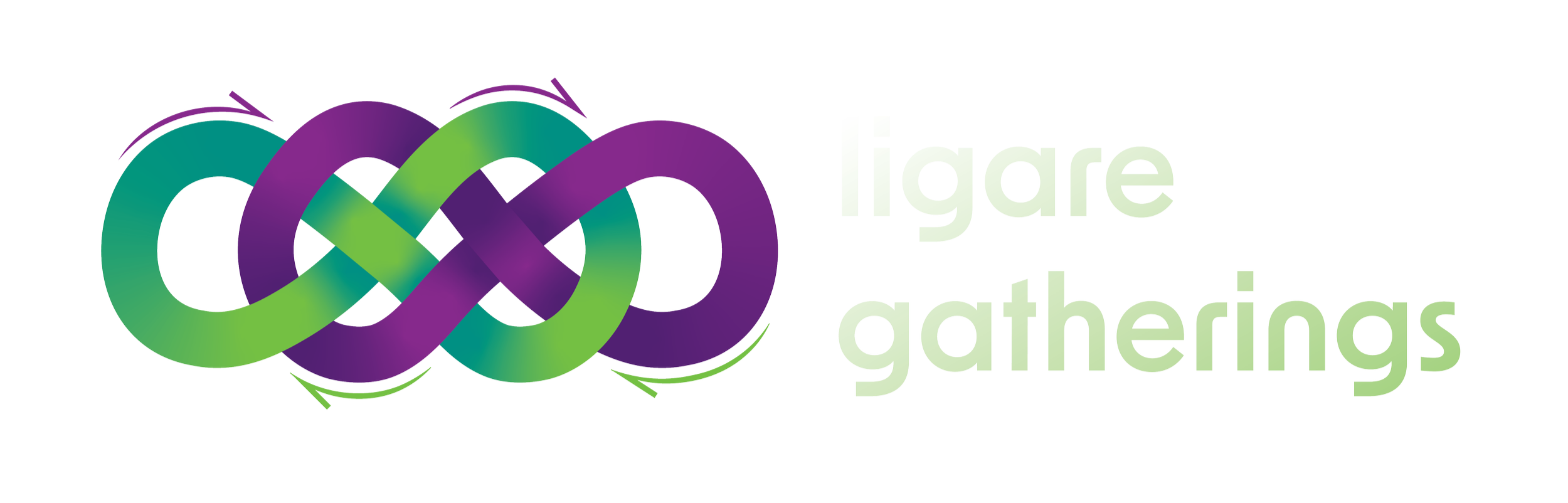 Colorful logo combining interconnected infinity symbols with the text 'Ligare gatherings' in stylized font.