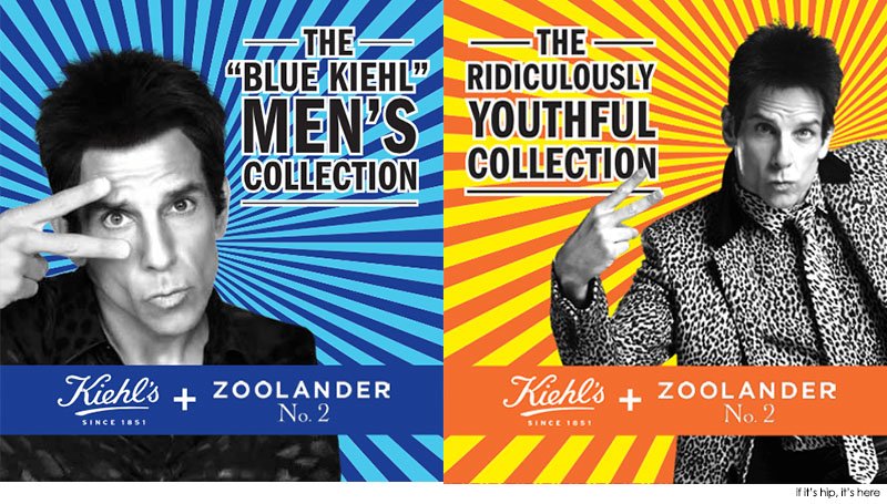 Two promotional posters for Kiehl's men's collections. The left poster features a black and white photo of a man with dark hair, making a peace sign near his eye, with a blue background and the text 'The Bold Kiehl's Men's Collection' in bold letters. The right poster shows a black and white photo of a woman with short dark hair, wearing a leopard print jacket and making a peace sign with her fingers, with a yellow and red background and the text 'The Ridiculously Youthful Collection' in bold letters.