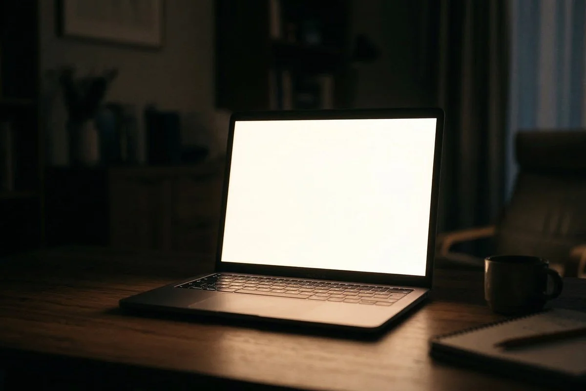 Laptop computer with a bright screen on a wooden desk, a mug, and a notebook with a pen in a dimly lit room.