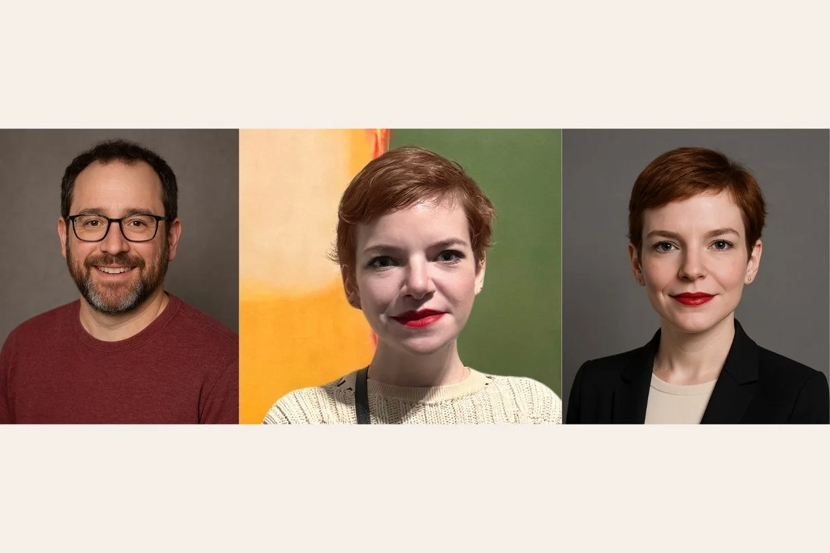 Three headshots of diverse adults with short red and brown hair, wearing professional attire, against different gray, colorful, and plain backgrounds.