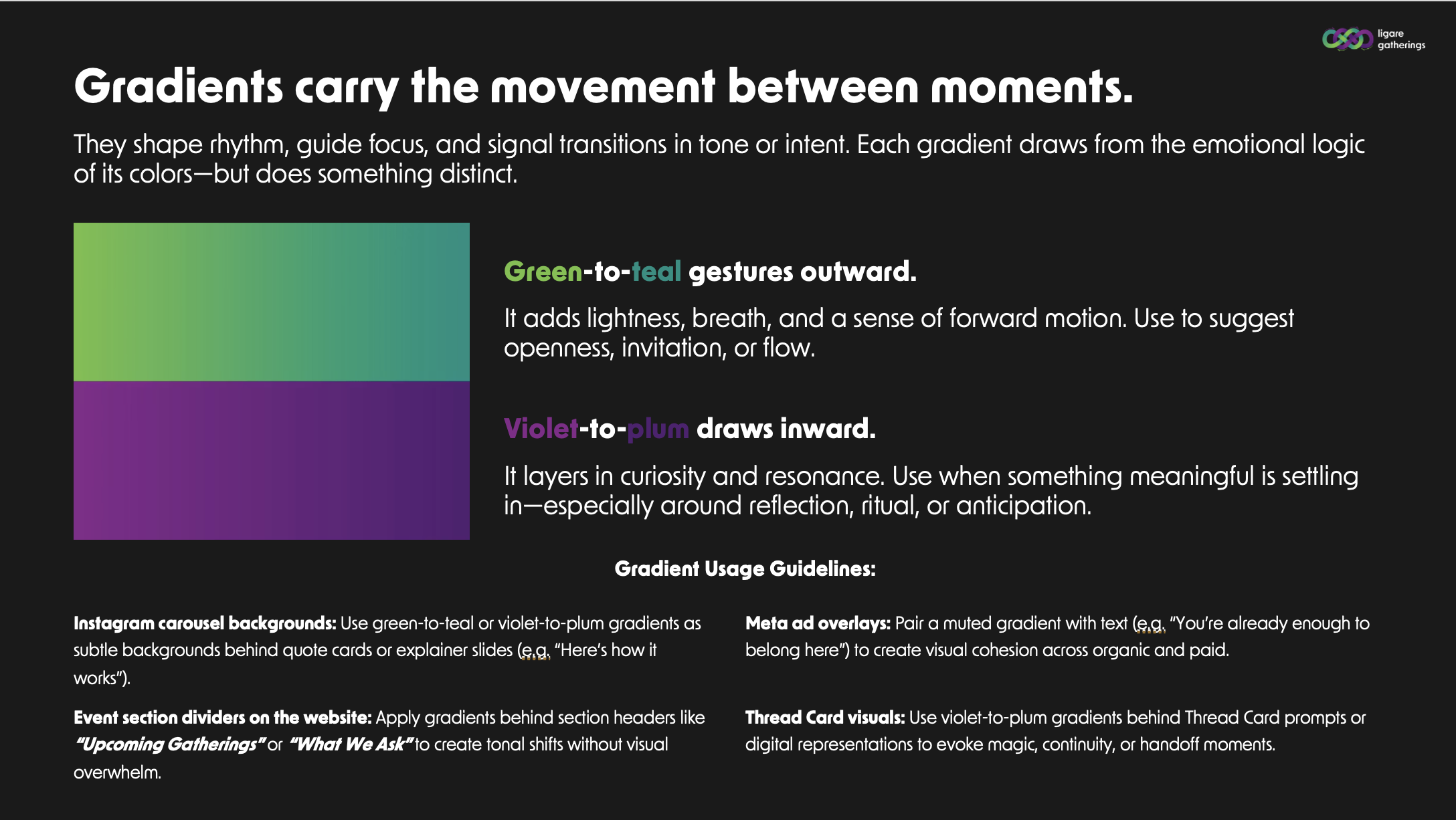 A digital graphic showing a black background with text about color gradients and their emotional and psychological effects. It features a gradient color block transitioning from green to teal and purple, with descriptions of each color transition underneath.