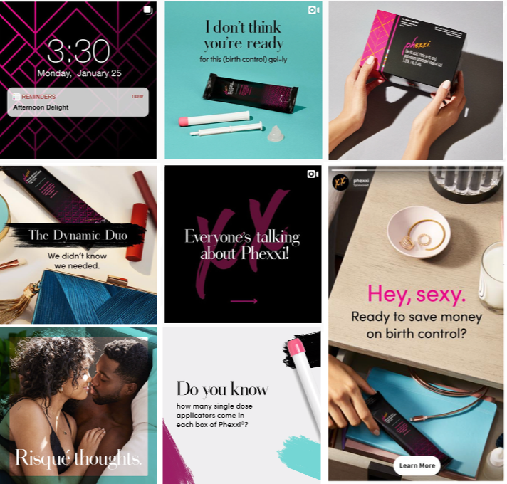 A collage of nine images displaying various products and advertisements related to birth control and reproductive health, including medication packages, promotional messages, and a couple discussing, with vibrant colors and modern designs.