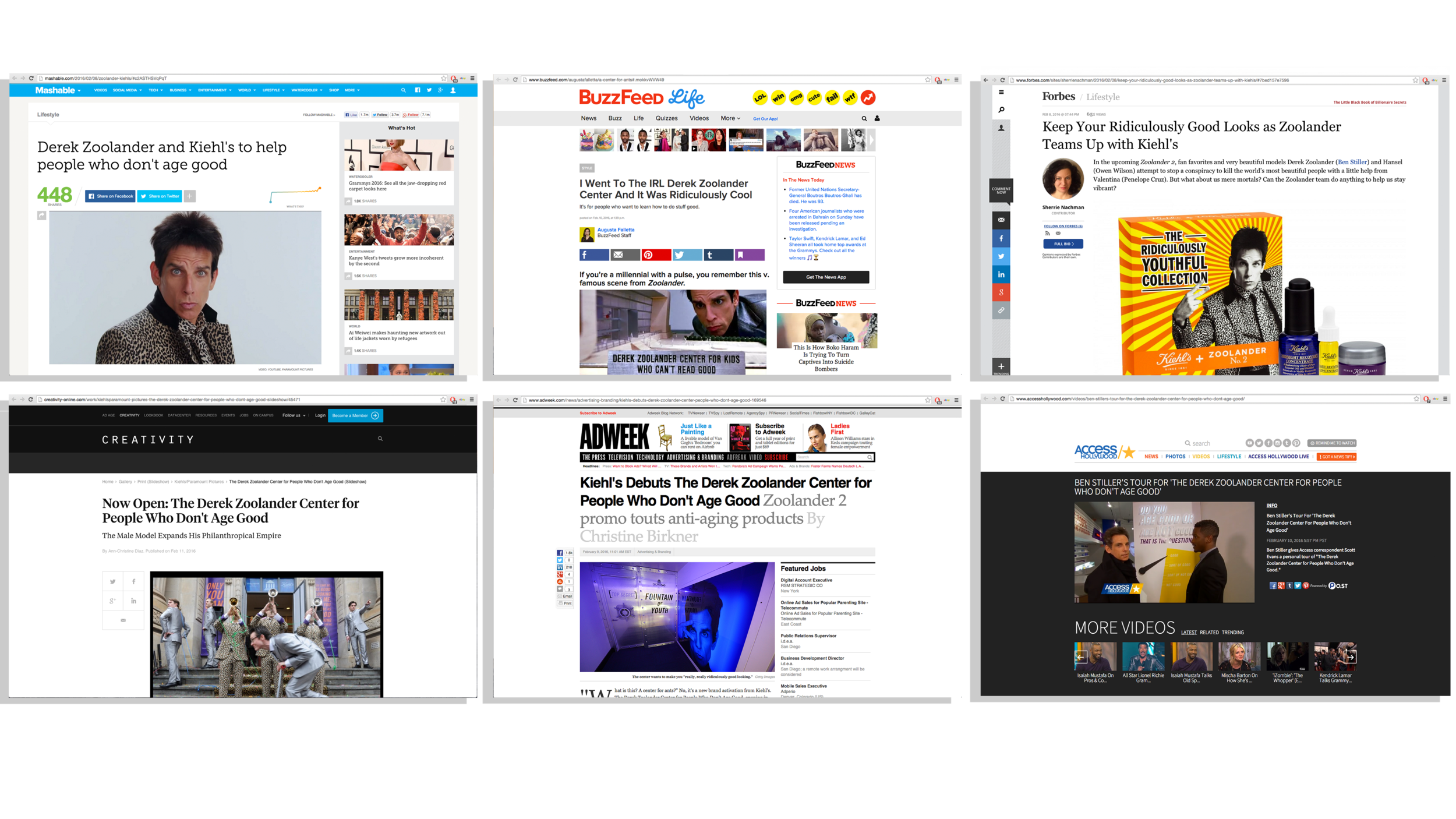 Collage of multiple web pages featuring articles and images about Derek Zoolander and the Derek Zoolander Center for People Who Don't Age Good, including headlines, photos of Derek Zoolander, and promotional content.