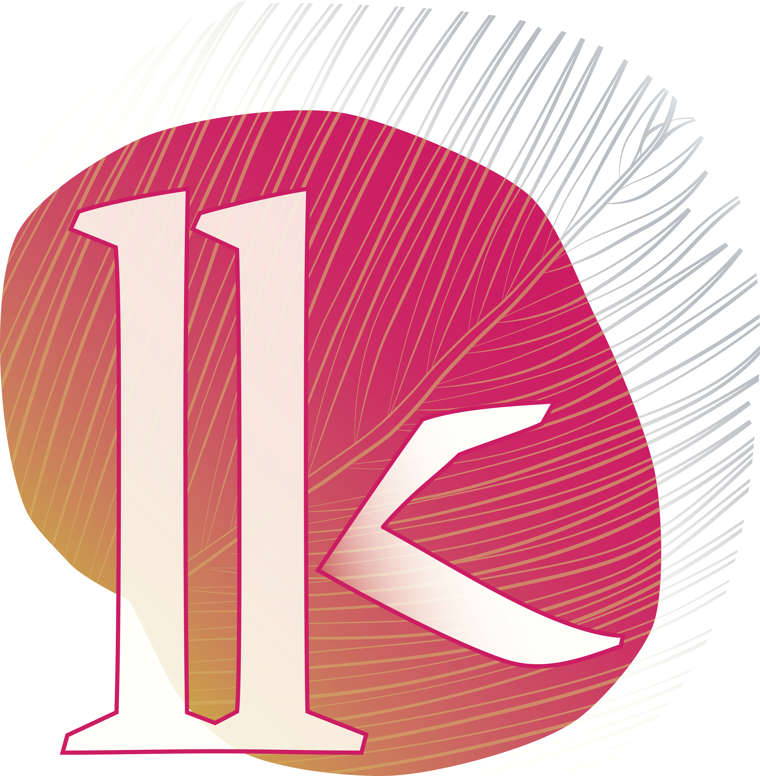 Close-up of colorful, stylized initials, "LK," on a background with diagonal lines and abstract geometric shapes.