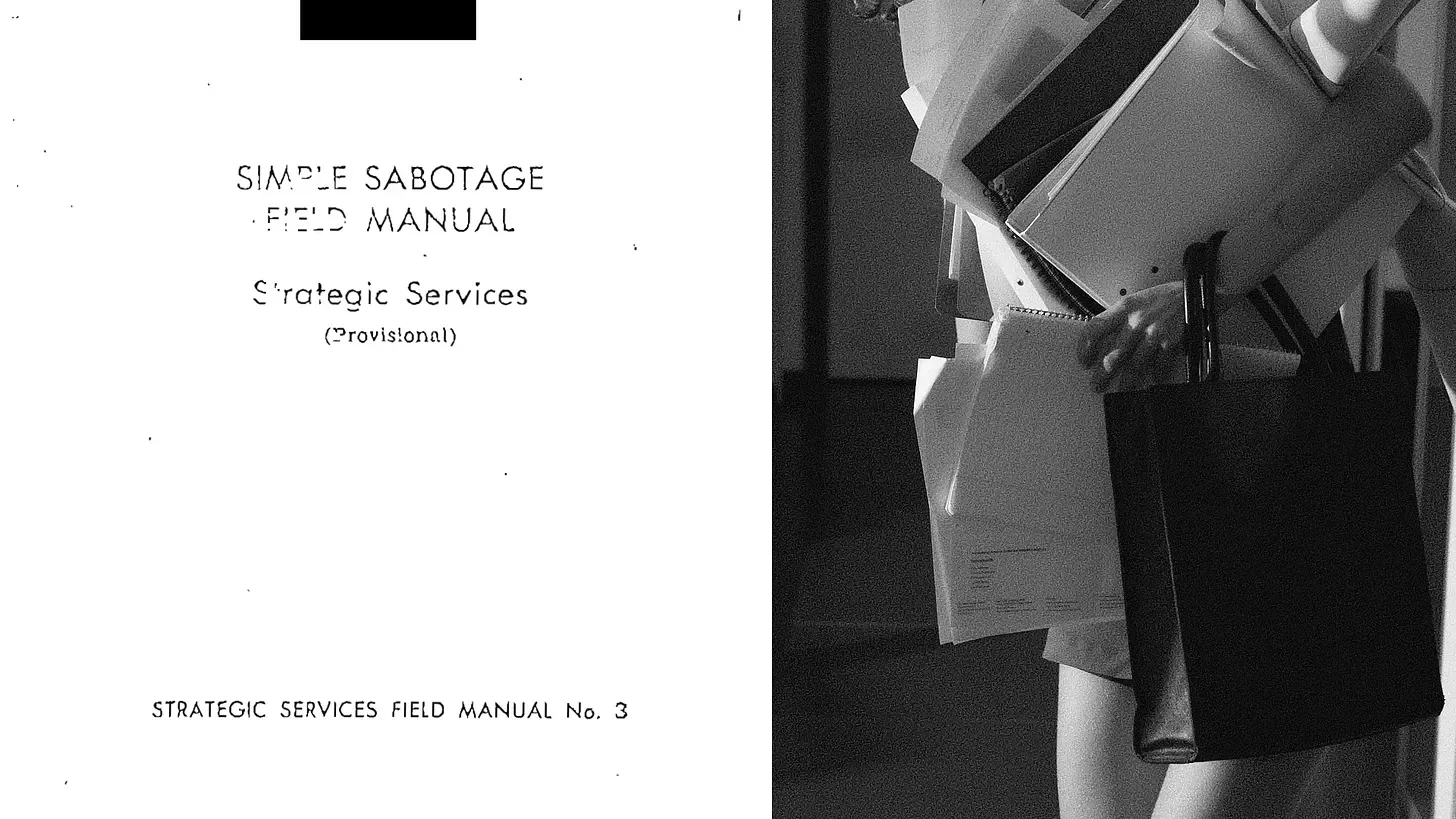 A black and white photo of a document titled 'Simple Sabotage Field Manual, Strategic Services (Provisional)' with a sequence of papers and a person's hand holding a pen on a cluttered desk.