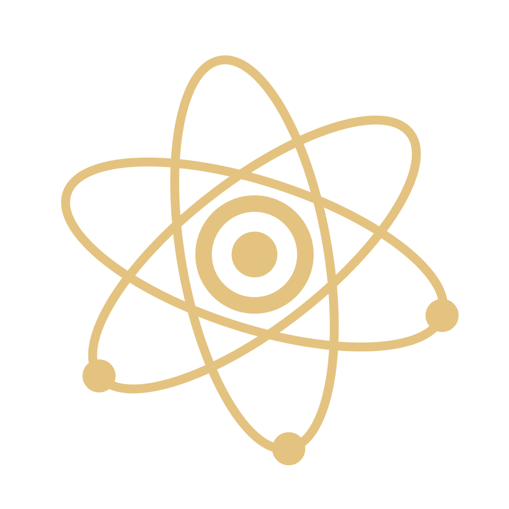 Gold atomic model icon with orbiting electrons on black background.