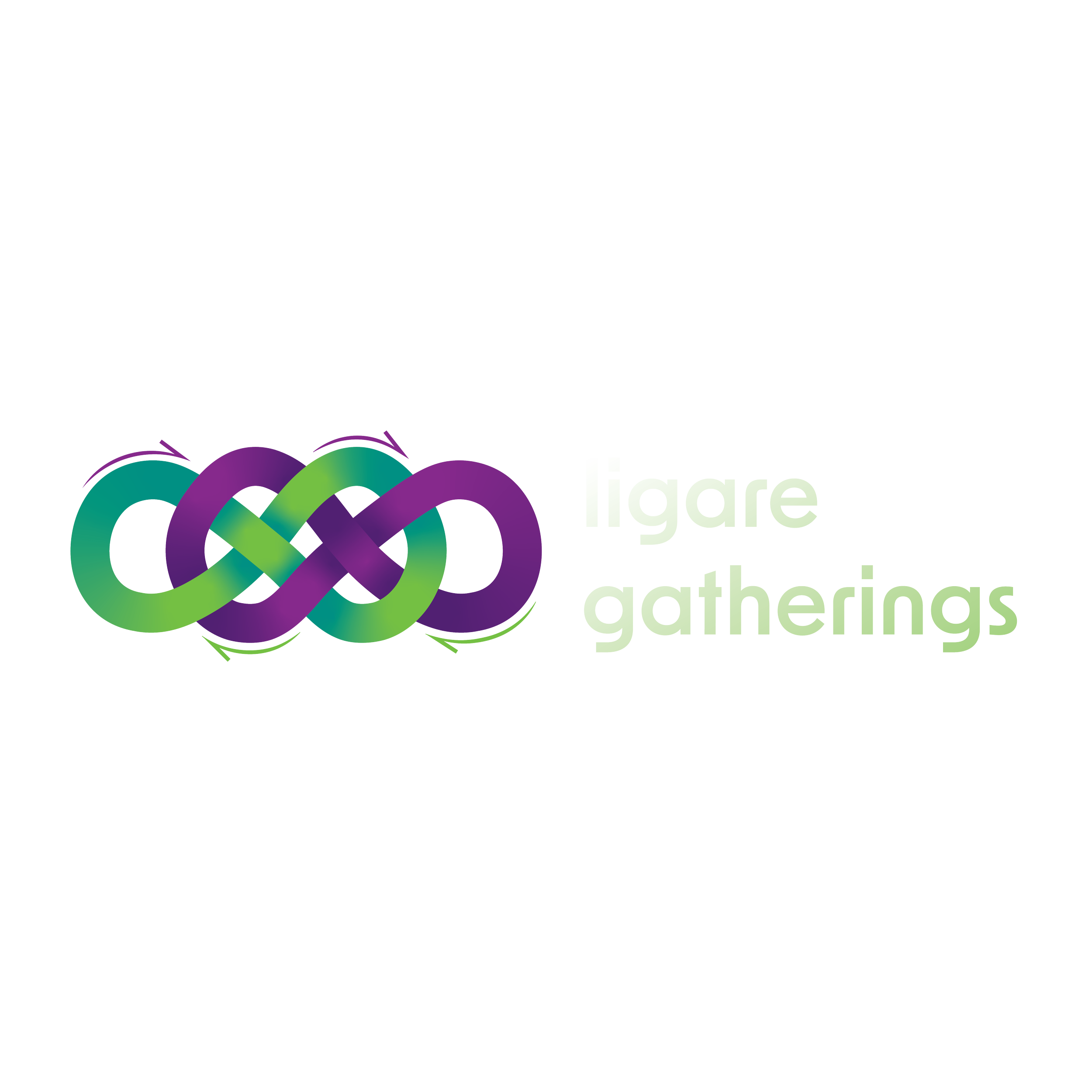 Logo of Ligare Gatherings, featuring an intertwined, colorful knot symbol with shades of purple, green, and teal, next to the text 'ligare gatherings' in a clean, sans-serif font.
