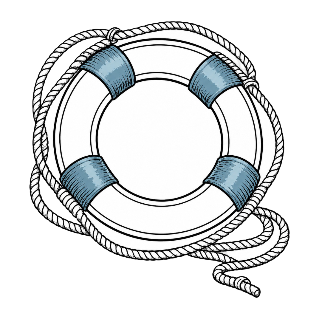 Illustration of a white lifebuoy with blue patches and a rope wrapped around it.