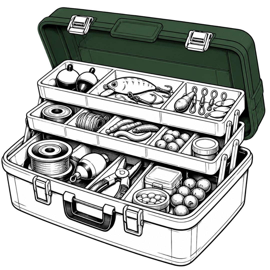 Open fishing tackle box containing fishing lures, hooks, bobbers, fishing line, and other fishing accessories.