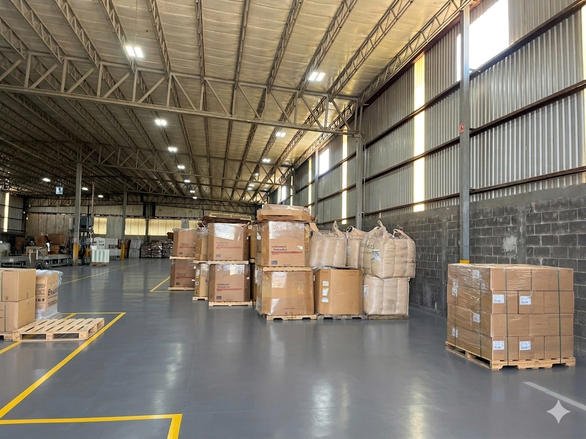 Interior de un almacén con cajas y sacos apilados sobre paletas en el piso, paredes de metal y techo de estructura metálica con luces.