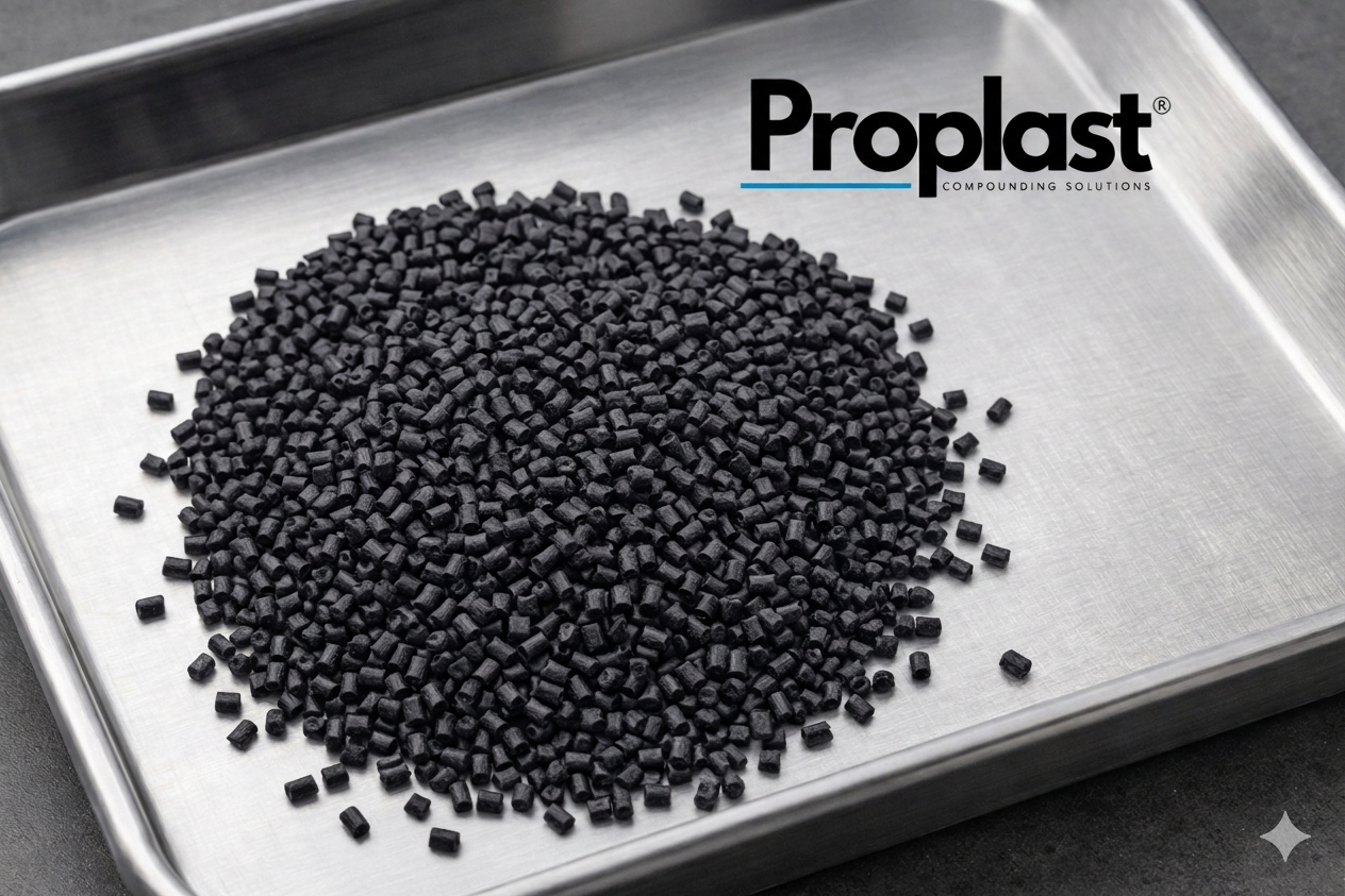 Gránulos negros en una bandeja de metal con el logo de Proplast y la leyenda 'COMPOUNDING SOLUTIONS'.