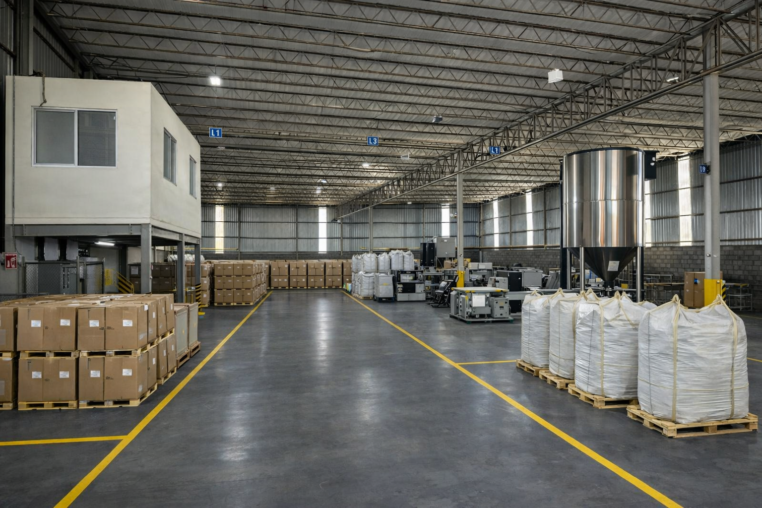 Interior de un almacén industrial con pallets de cajas y sacos de almacenamiento, maquinaria y un módulo de oficina en la esquina izquierda.