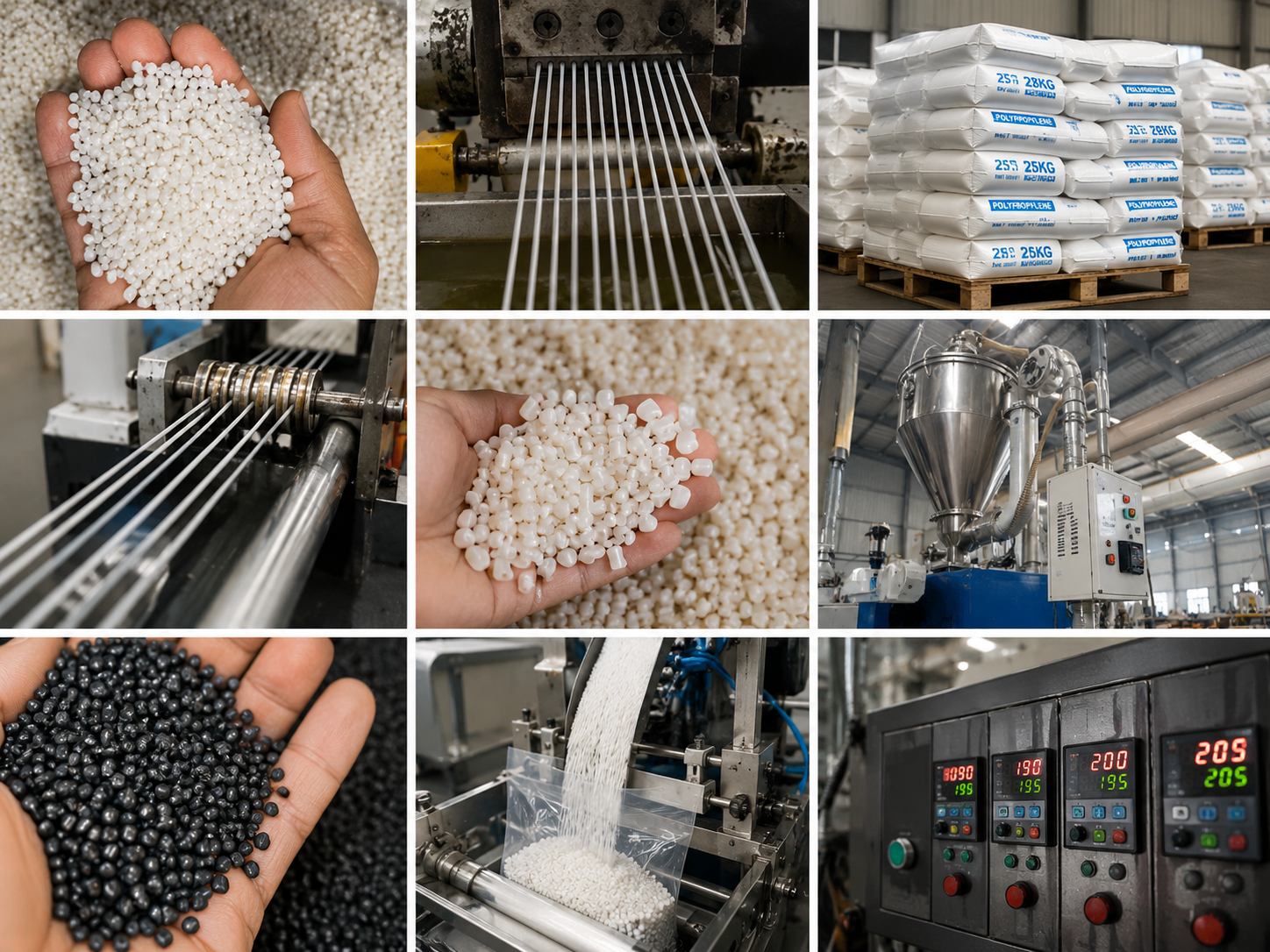 Proceso de producción de pellets de plástico en una fábrica, incluyendo la manipulación del material, máquinas de extrusión, empaquetado y control de temperatura.