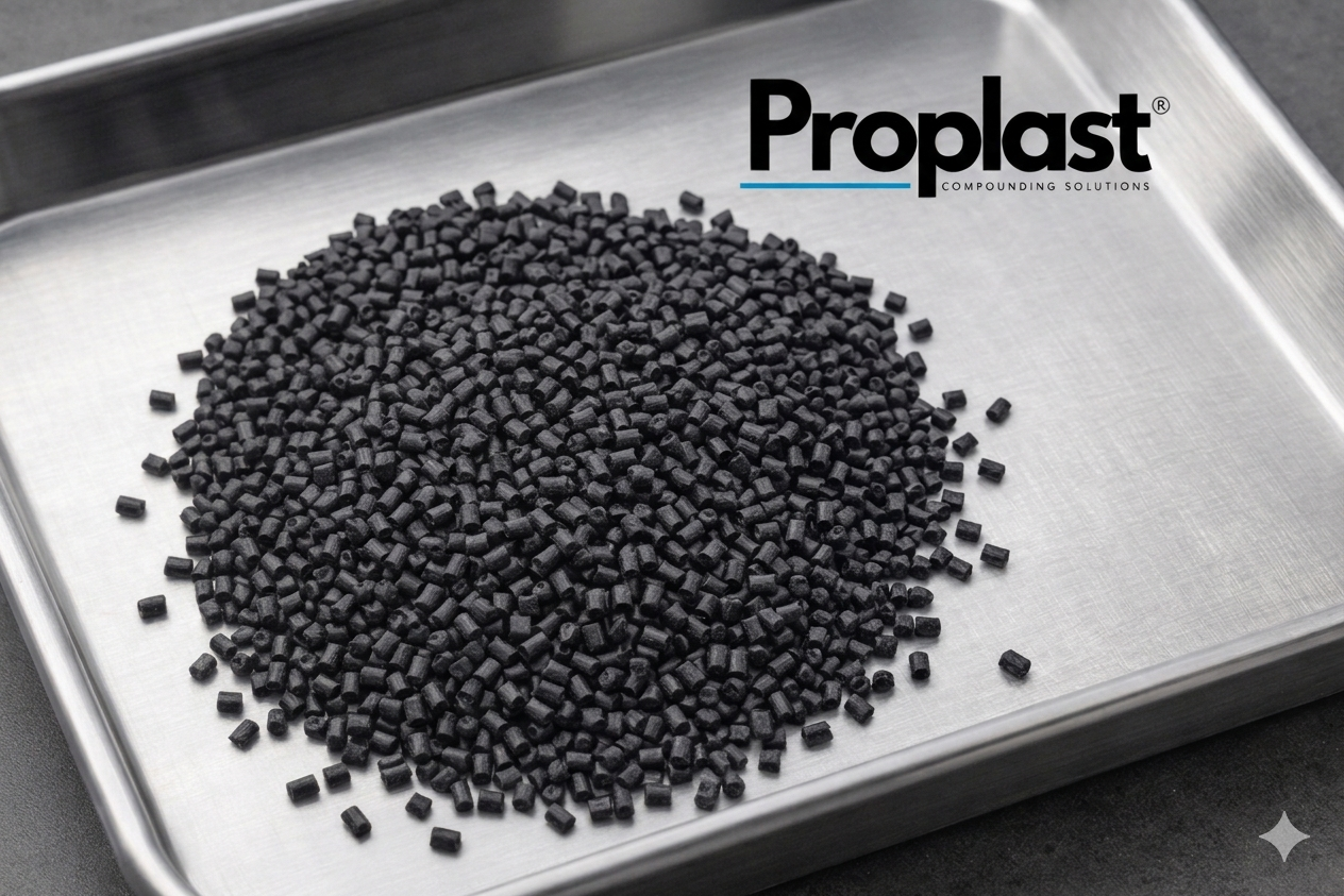 Gránulos negros en una bandeja de metal, con logotipo de Proplast.