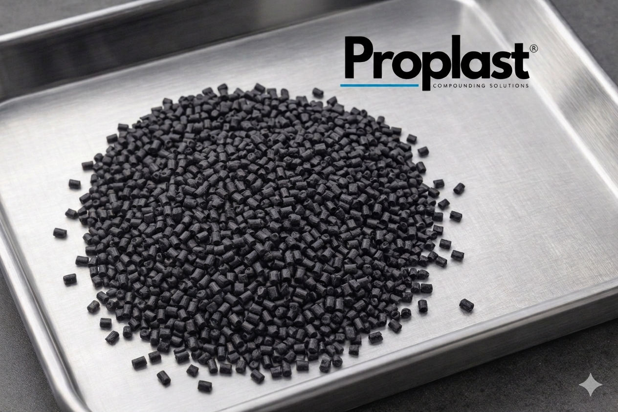 Granos negros pequeños sobre una bandeja de metal con el logotipo de Proplast en la esquina superior derecha.