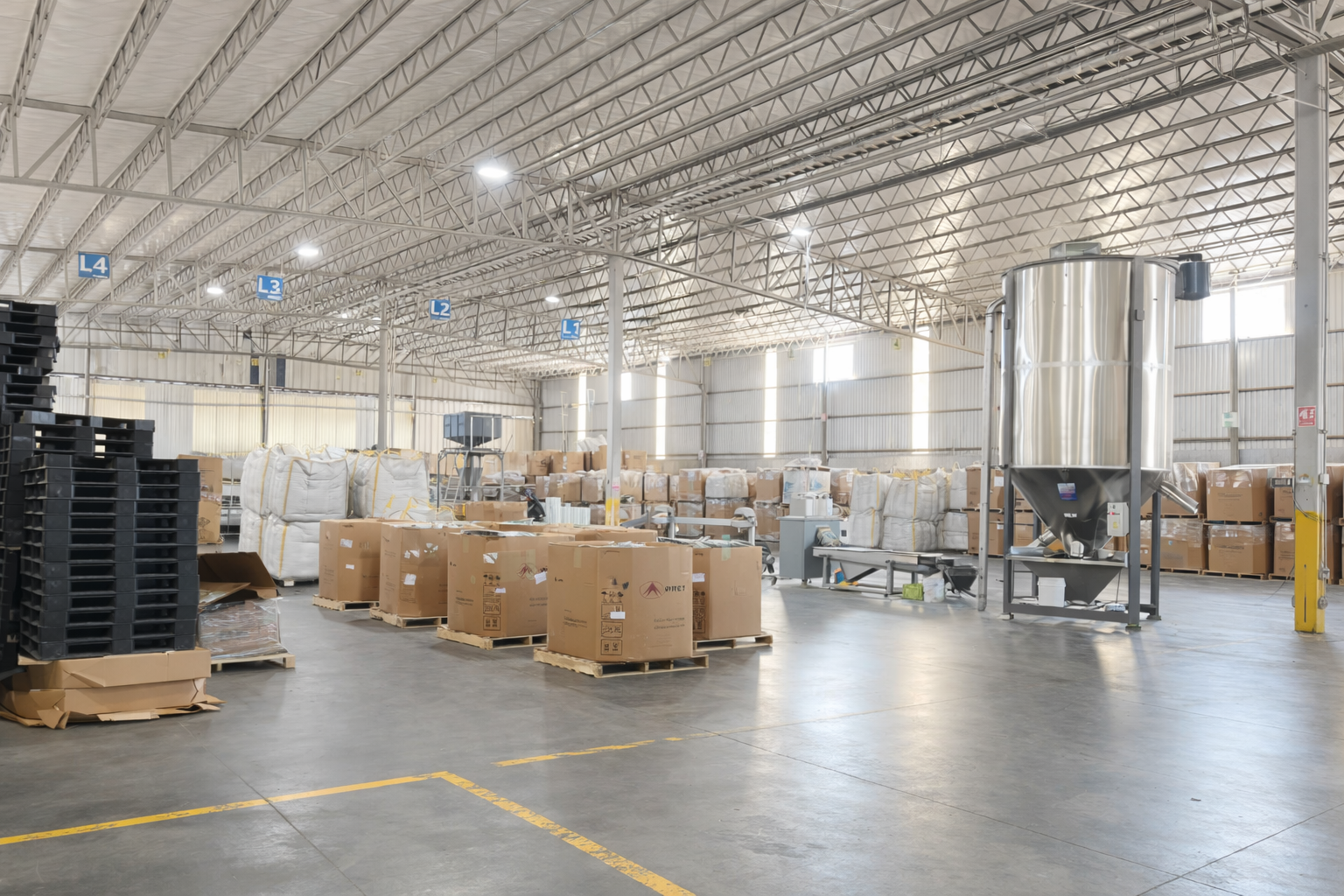 Interior de un almacén con cajas de cartón y palets apilados, maquinaria y estanterías en un espacio amplio y bien iluminado.