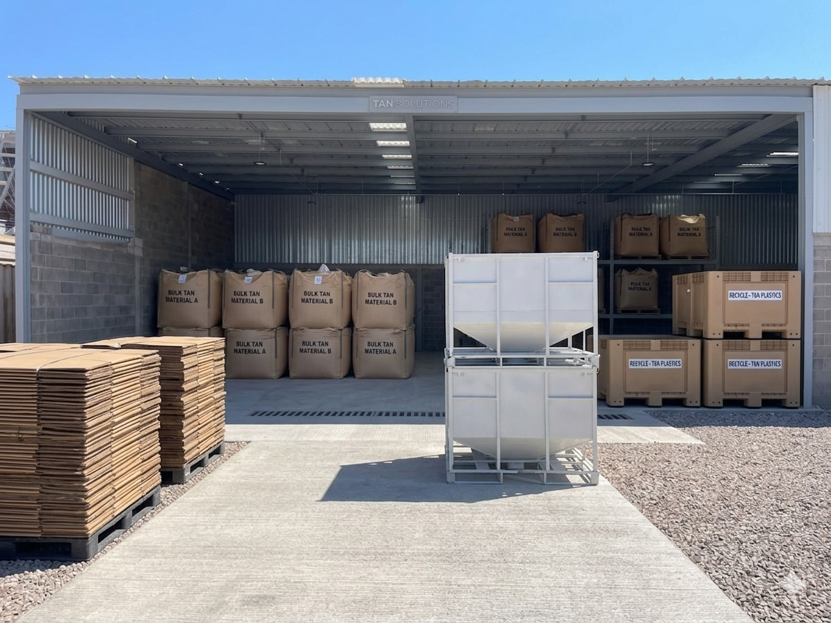 Almacén con sacos de materiales, pallets con cartón y cajas etiquetadas en inglés y español, y dos tanques de reciclaje.