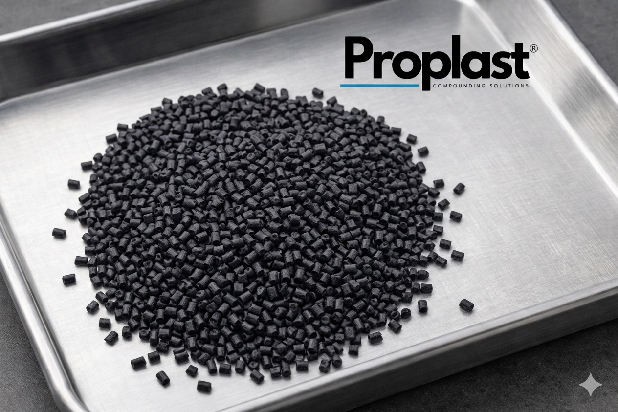 Gránulos negros sobre una bandeja de metal con el logo de Proplast en la esquina superior derecha.