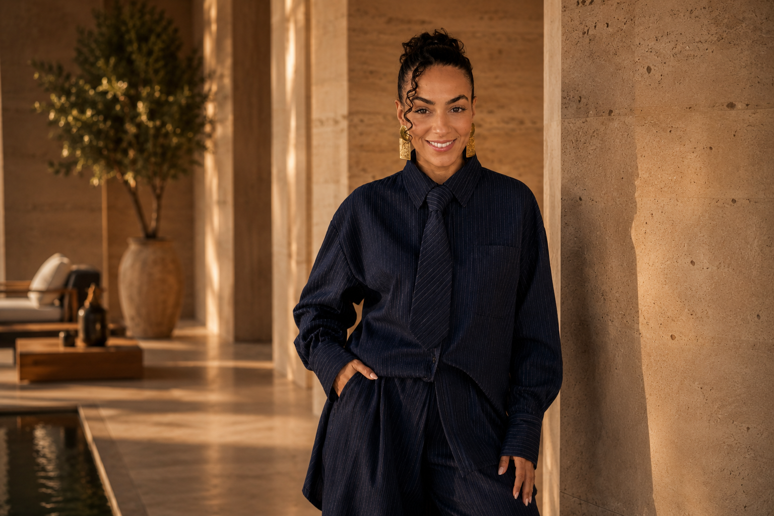 Femme souriante portant une chemise et une cravate bleues dans un intérieur moderne en pierre, avec un grand vase et un arbre en arrière-plan.
