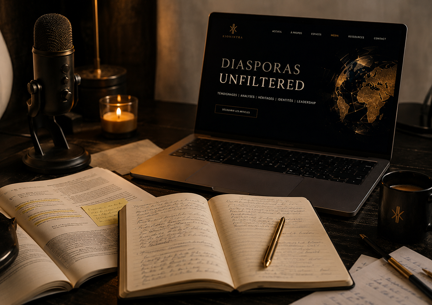 Bureau avec un ordinateur portable affichant 'Diasporas Unfiltered', une clé USB, un micro, des livres ouverts avec notes autocollantes, une tasse de café, une bougie allumée, et un stylo en or.